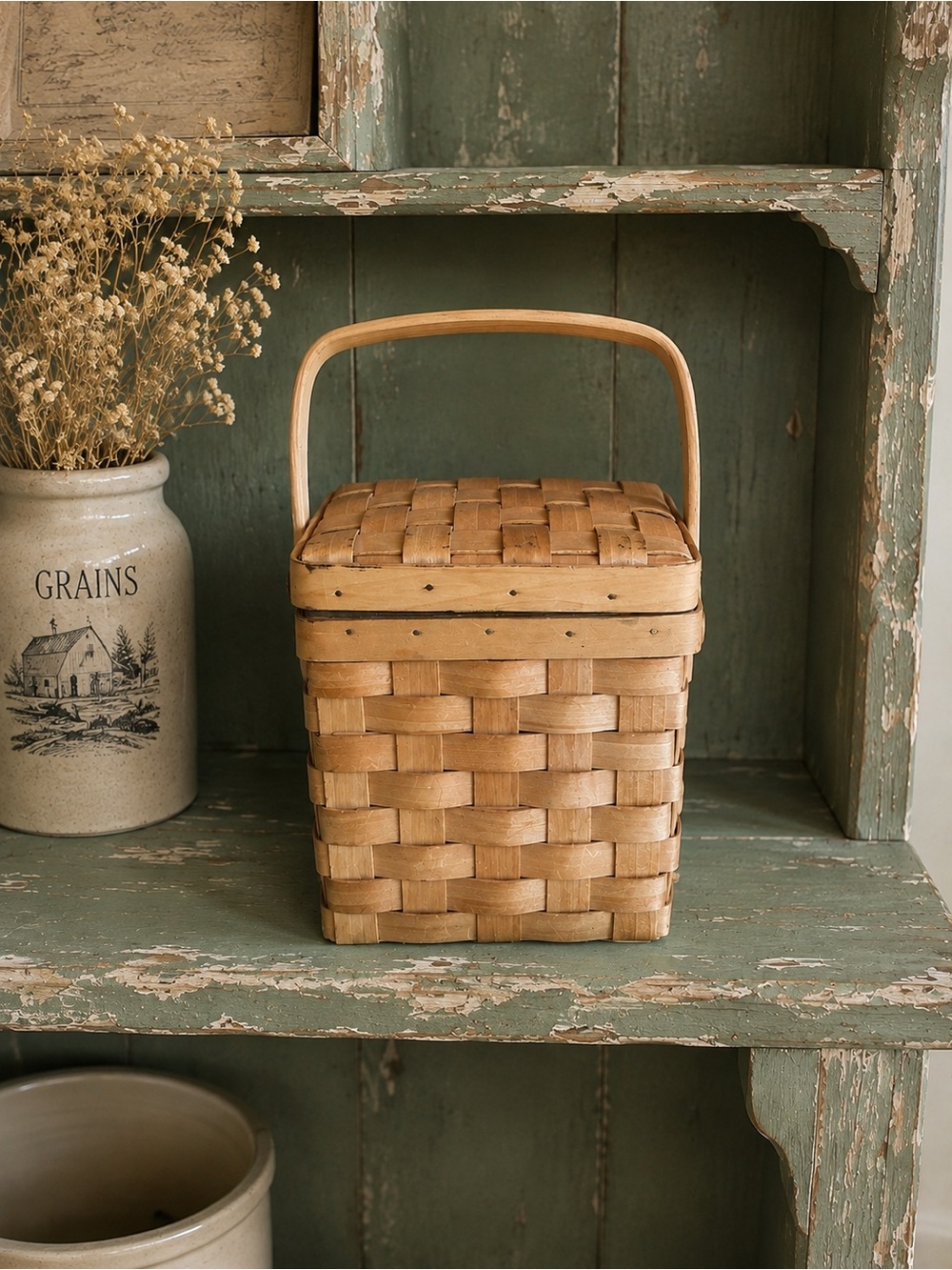 Small Handwoven Natural Brown Picnic/Sewing Basket with Handle